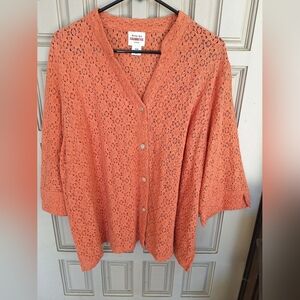 Ruby Rd Favorites Woman Plus Sz18W Orange Lace Collar/Cuff Button Front V Neck